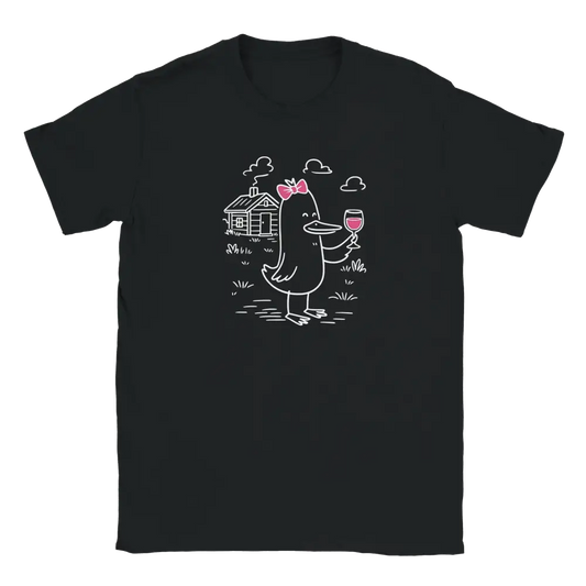 Musta naisten T-paita viinilasi ja piirretty ankka pinkissä rusetissa