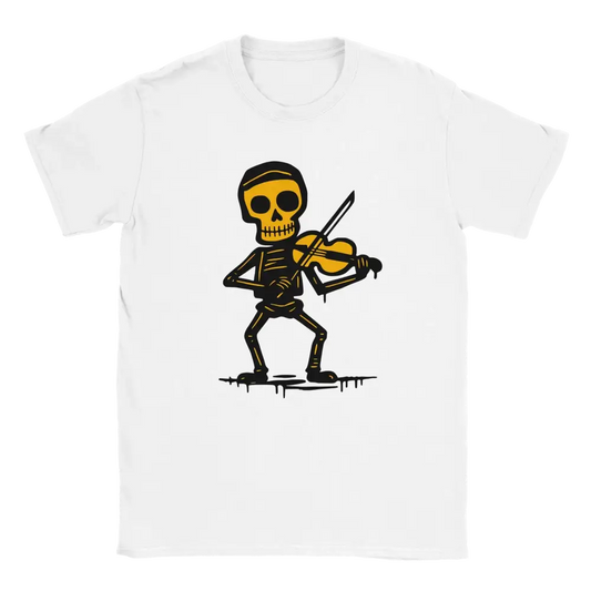 Valkoinen T-paita Skeletoni soittaa viulua grafiikalla Viulisti - T-paita