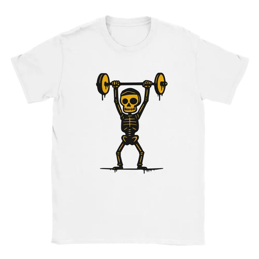 Voimamies T-paita valkoinen t-paita luurankolla ja painonnostomotivilla design