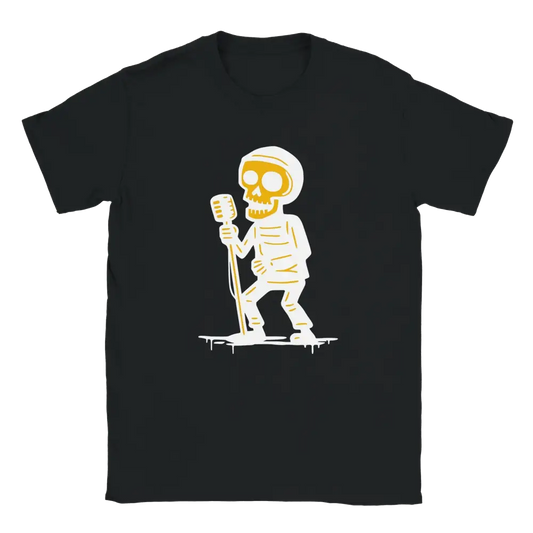 Vokalisti T-paita mustavalkoinen lyhythihainen T-paita luurankokoristeella ja mikrofonilla