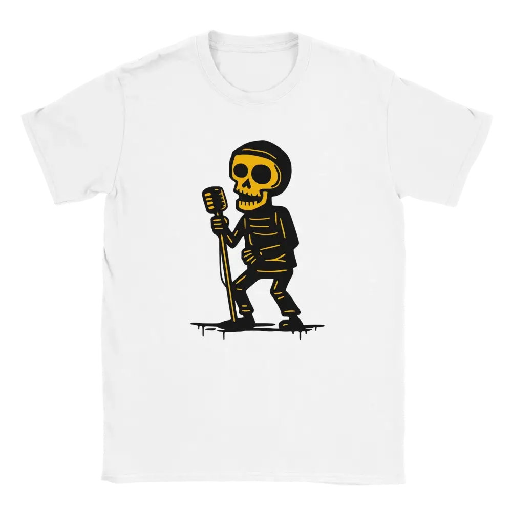 Vokalisti T-paita valkoinen lyhythihainen crewneck-kappale skeleton mikrofoni grafiikalla