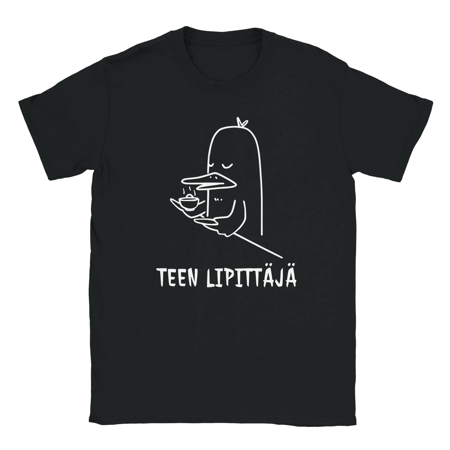 Musta T-paita, jossa valkoinen viivapiirros platypuksesta ja teekupista, Zen Tea Duck