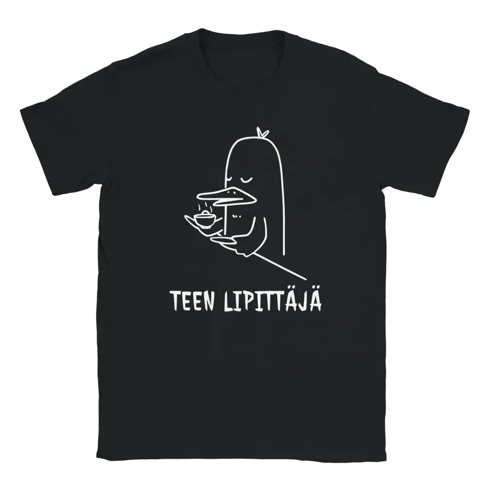 Musta T-paita, jossa valkoinen viivapiirros platypuksesta ja teekupista, Zen Tea Duck