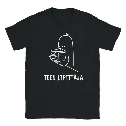 Musta T-paita, jossa valkoinen viivapiirros platypuksesta ja teekupista, Zen Tea Duck