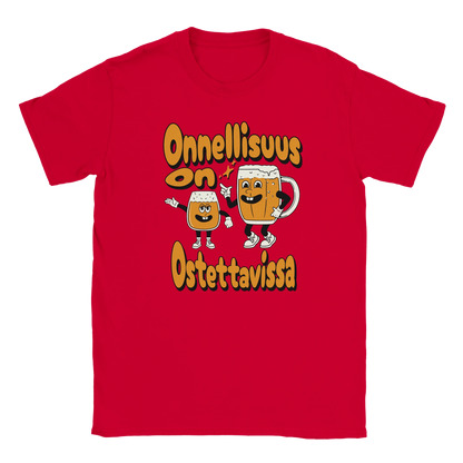 T-shirt featuring two smiling beer characters beside the Finnish words Onnellisuus on ostettavissa.