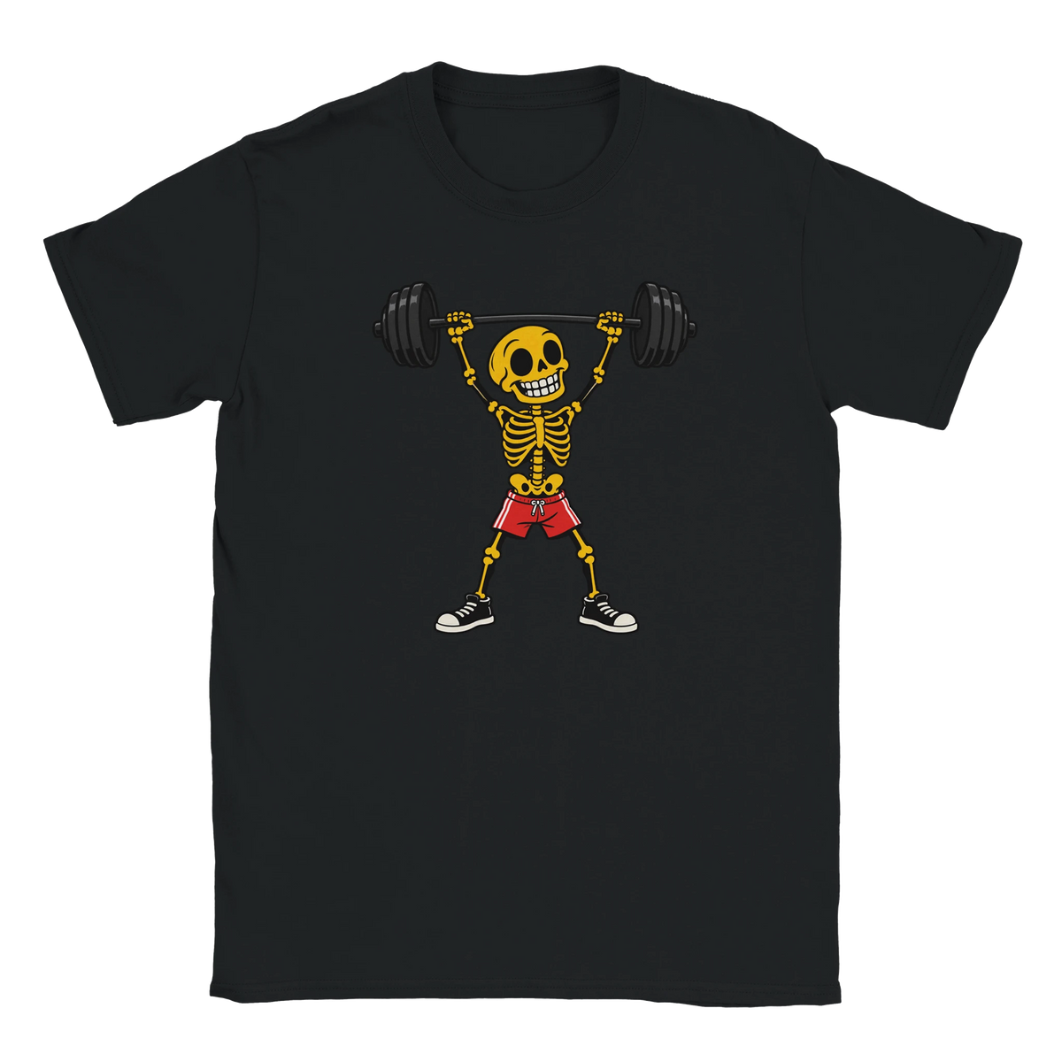 Black T-shirt featuring a skeleton lifting a barbell in red shorts.