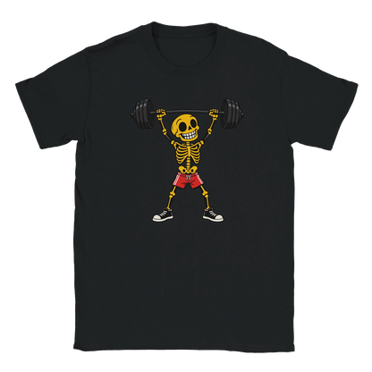 Black T-shirt featuring a skeleton lifting a barbell in red shorts.