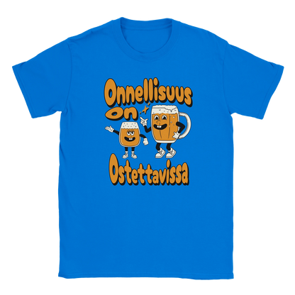 T-shirt featuring two smiling beer characters beside the Finnish words Onnellisuus on ostettavissa.