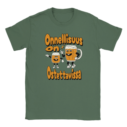 T-shirt featuring two smiling beer characters beside the Finnish words Onnellisuus on ostettavissa.