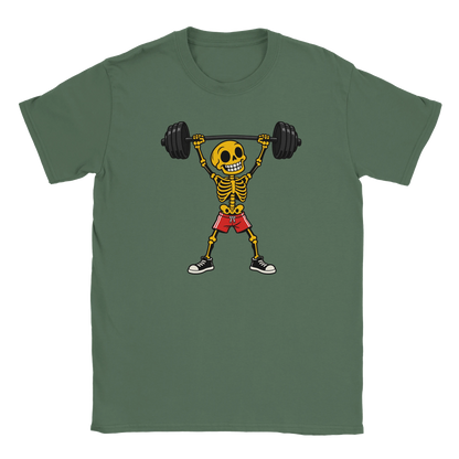 Military Green T-shirt featuring a skeleton lifting a barbell in red shorts.