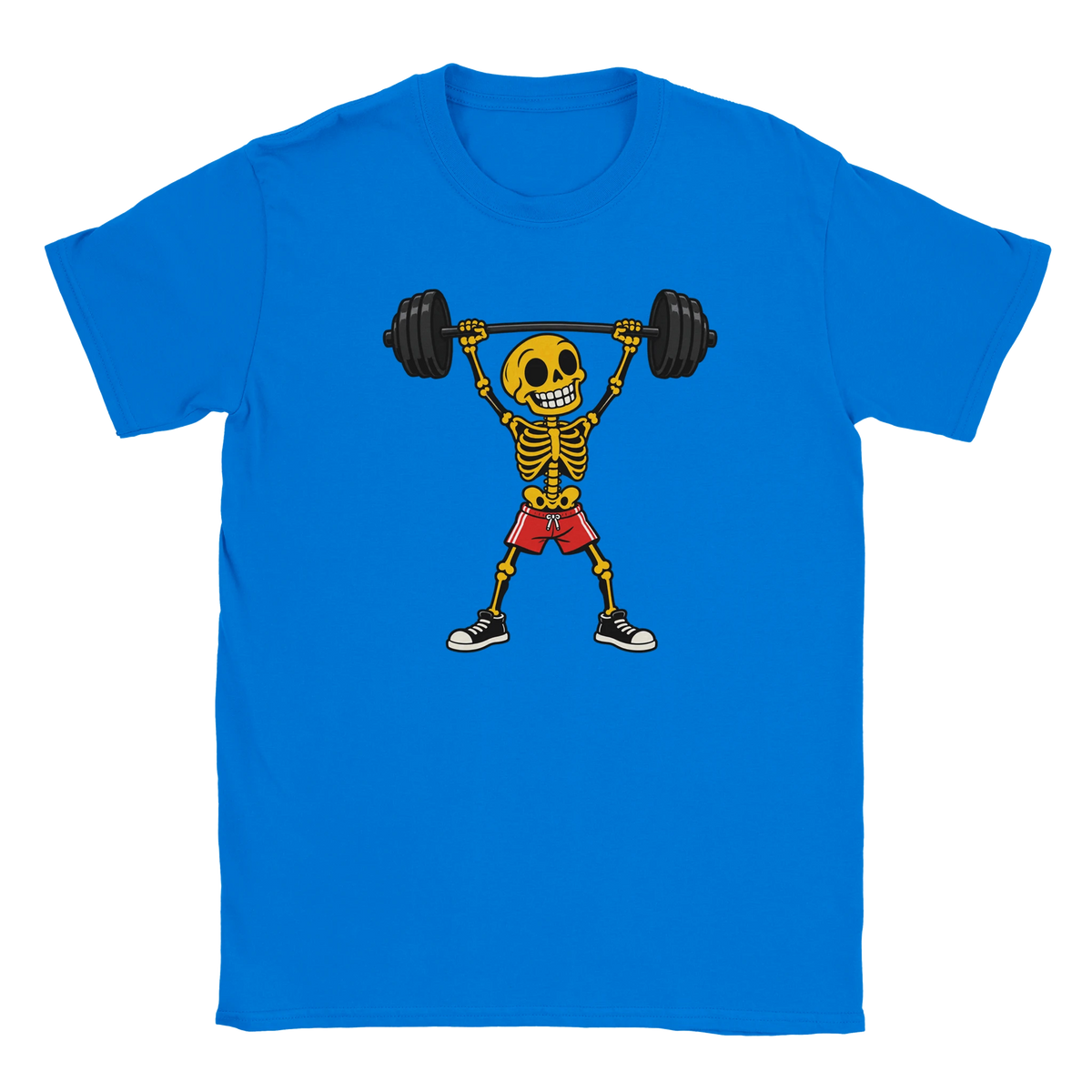 Royal T-shirt featuring a skeleton lifting a barbell in red shorts.