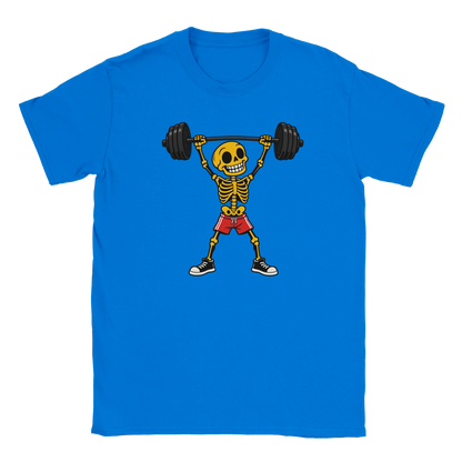 Royal T-shirt featuring a skeleton lifting a barbell in red shorts.