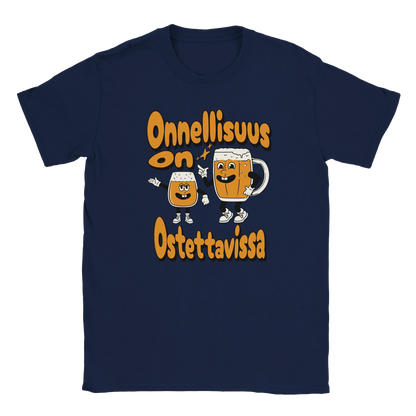 T-shirt featuring two smiling beer characters beside the Finnish words Onnellisuus on ostettavissa.