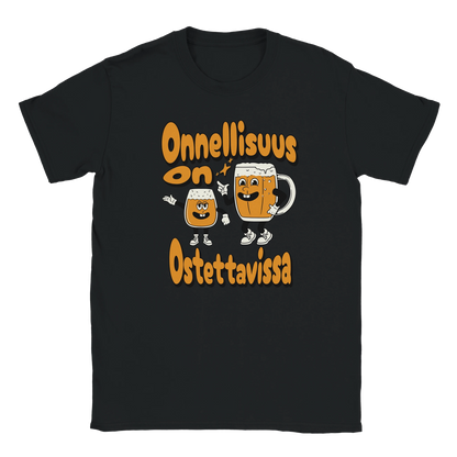 T-shirt featuring two smiling beer characters beside the Finnish words Onnellisuus on ostettavissa.