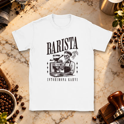 T-paita, jonka printissä luurankobarista kahvikoneen ääressä.