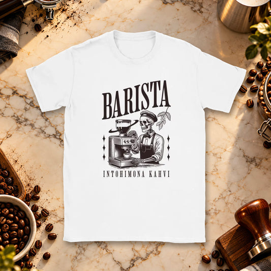 T-shirt featuring a skeleton barista at a coffee machine.