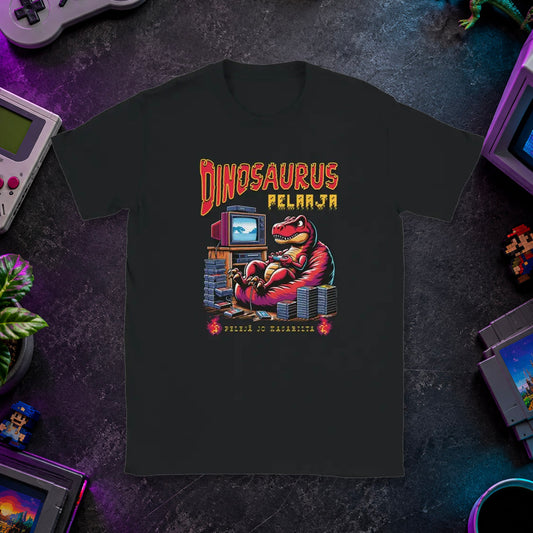 T-shirt featuring a dinosaur with a game controller and retro gaming items.