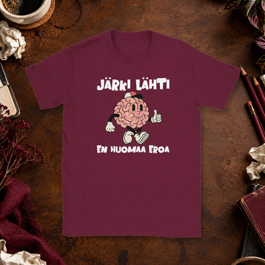T-shirt featuring a walking brain character giving a thumbs-up beside a Finnish joke about losing one's senses.