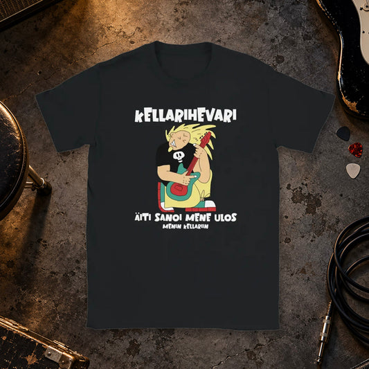 T-shirt featuring a metalhead playing guitar with a Finnish joke about going to the basement.