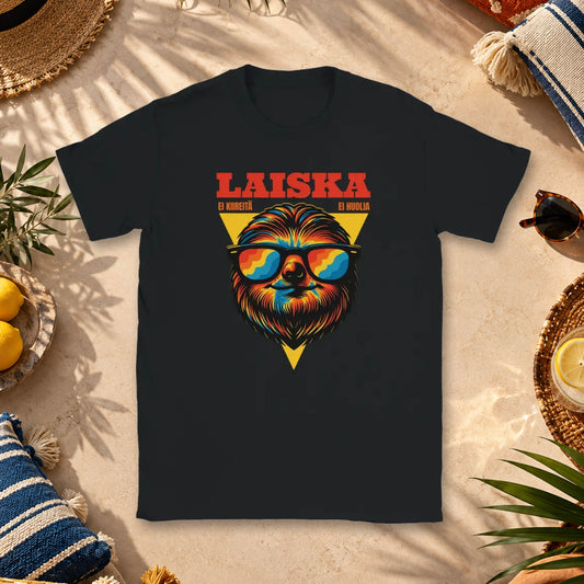 T-shirt featuring a colorful sloth wearing sunglasses beside the Finnish word Laiska.