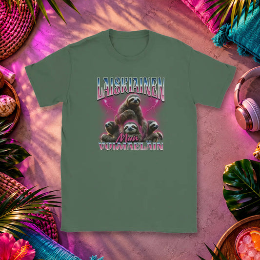T-shirt featuring a seated sloth among lightning bolts.