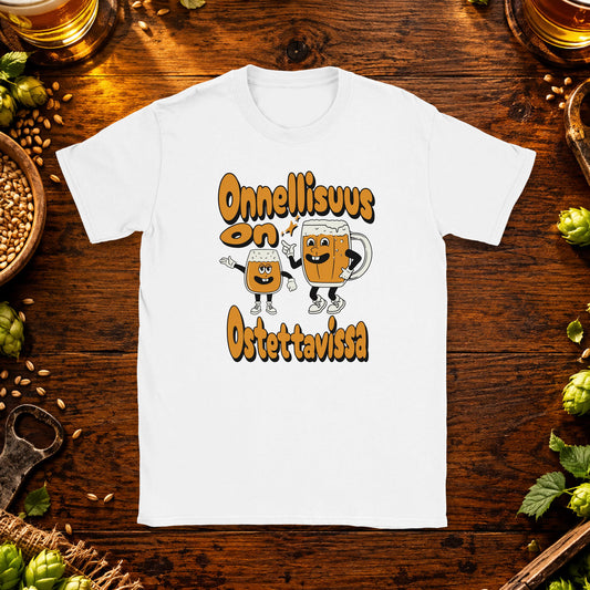 T-shirt featuring two smiling beer characters beside the Finnish words Onnellisuus on ostettavissa.