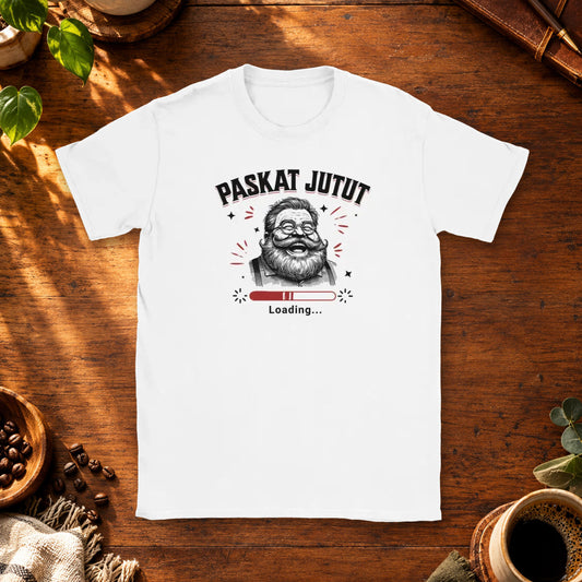 T-shirt featuring a grinning character and a loading bar beside the Finnish words Paskat jutut.