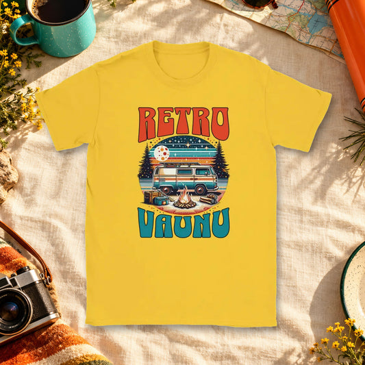 T-shirt featuring a retro camper van beside a campfire under a starry sky.