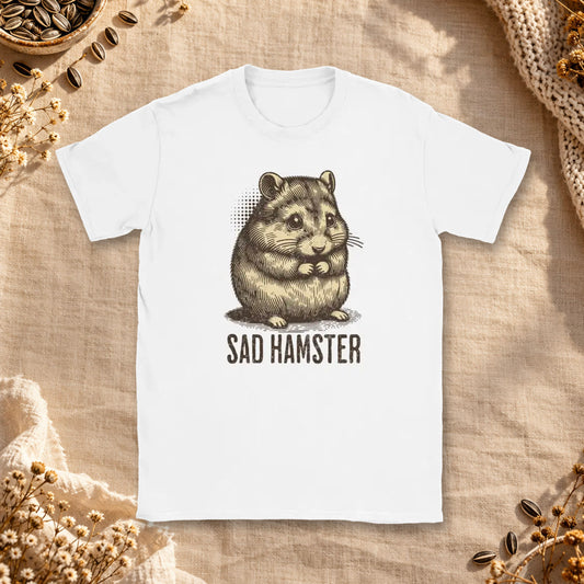 T-shirt featuring a round, sad-looking hamster beside the words Sad Hamster.