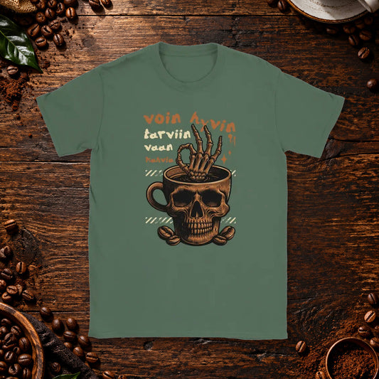 T-shirt featuring a skull-shaped coffee cup with a skeleton hand and Finnish coffee wording.