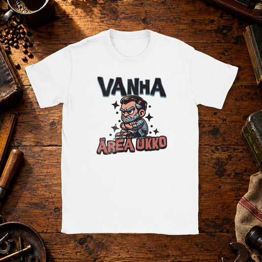T-shirt featuring a gray-haired grumpy man with folded arms.