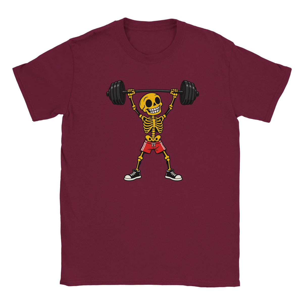 Maroon T-shirt featuring a skeleton lifting a barbell in red shorts.