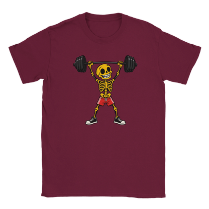 Maroon T-shirt featuring a skeleton lifting a barbell in red shorts.