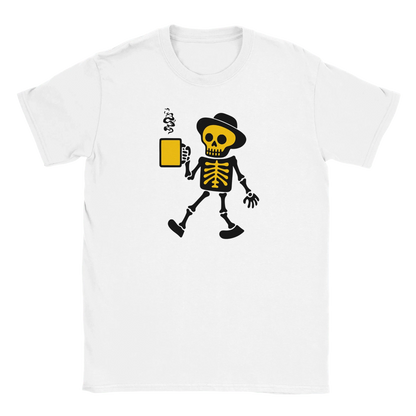 Valkoinen crew-neck T-paita Cartoon Skeleton kahvimukilla Aamu Alkaa Kahvilla