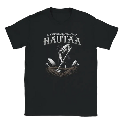 T-shirt featuring a hand rising from the ground with gardening tools and a Finnish grave-digging joke.