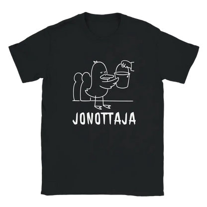 Black T-shirt featuring a duck in a bucket queue beside the Finnish word JONOTTAJA.