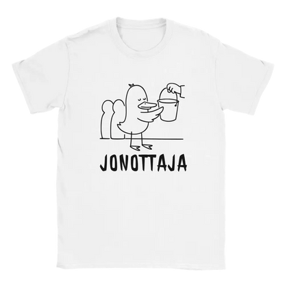 White T-shirt featuring a duck in a bucket queue beside the Finnish word JONOTTAJA.