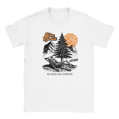 T-shirt featuring a hammock between conifers in a sunset landscape.