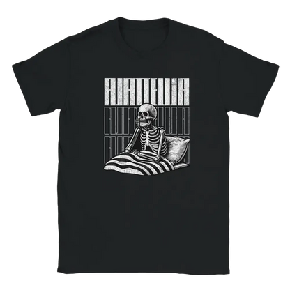 Black T-shirt featuring a skeleton sitting in bed beside the Finnish word Ajattelija.