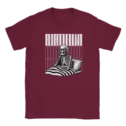Maroon T-shirt featuring a skeleton sitting in bed beside the Finnish word Ajattelija.