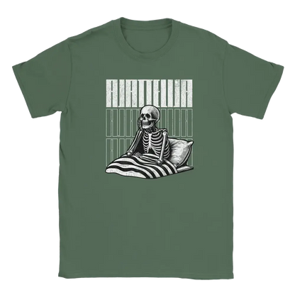 Green T-shirt featuring a skeleton sitting in bed beside the Finnish word Ajattelija.