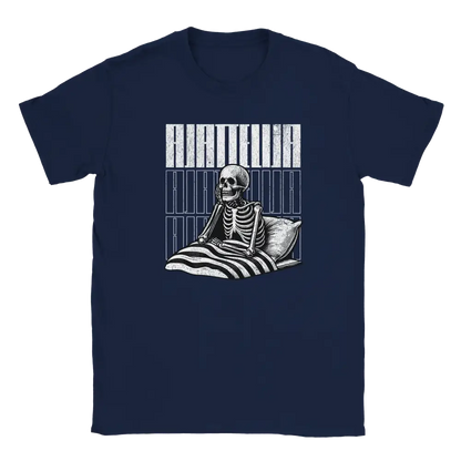 Navy blue T-shirt featuring a skeleton sitting in bed beside the Finnish word Ajattelija.