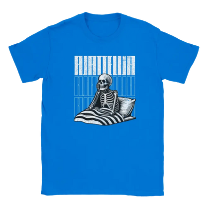 Blue T-shirt featuring a skeleton sitting in bed beside the Finnish word Ajattelija.