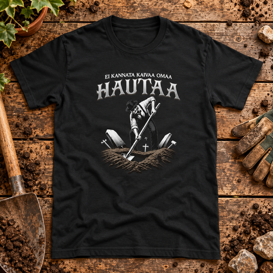 Themed flat-lay photograph of Älä Kaiva Omaa Hautaa - T-paita with accessories related to its printed design.
