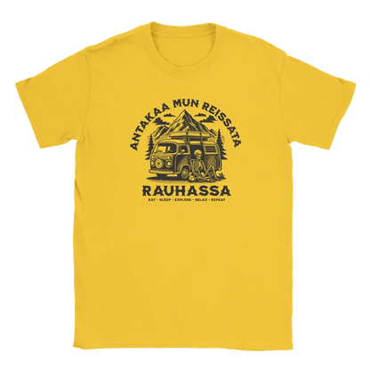Yellow T-shirt featuring a skeleton beside a camper van in a mountain scene.