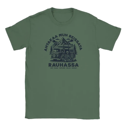 Green T-shirt featuring a skeleton beside a camper van in a mountain scene.