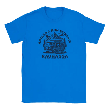 Blue T-shirt featuring a skeleton beside a camper van in a mountain scene.