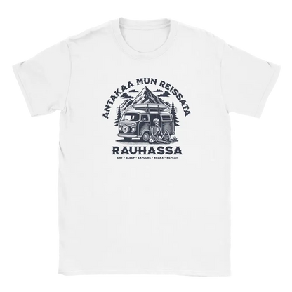 White T-shirt featuring a skeleton beside a camper van in a mountain scene.