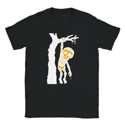 Musta lyhythihainen T-paita Apina, valkoinen puu ja oranssi luuranko oksalla