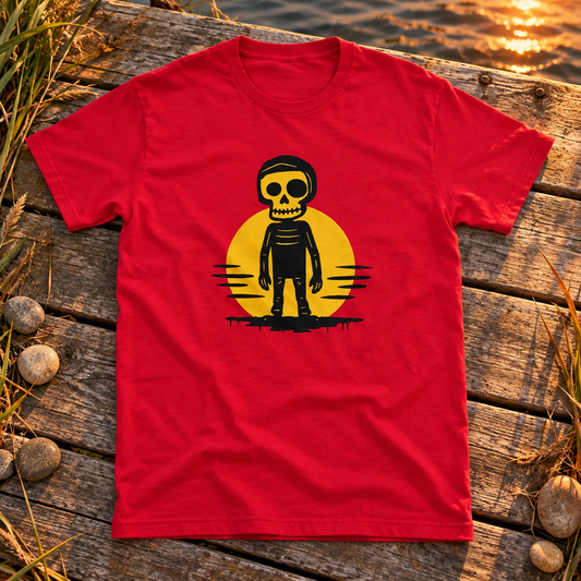 Themed flat-lay photograph of Auringonlaskussa - T-paita with accessories related to its printed design.